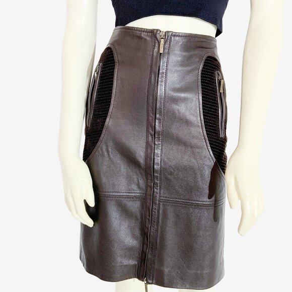 BOSS by HUGO BOSS Brown Leather and Suede Midi Skirt / size Small-Medium - Picture 4 of 11